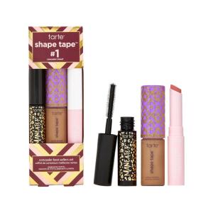 tarte shape tape best-sellers set – Shape Tape Concealer, Hydrating Lip Gloss Balm & Mascara for Curl, Volume & Length, Longwear, Cruelty Free(47S tan-deep sand & rose)